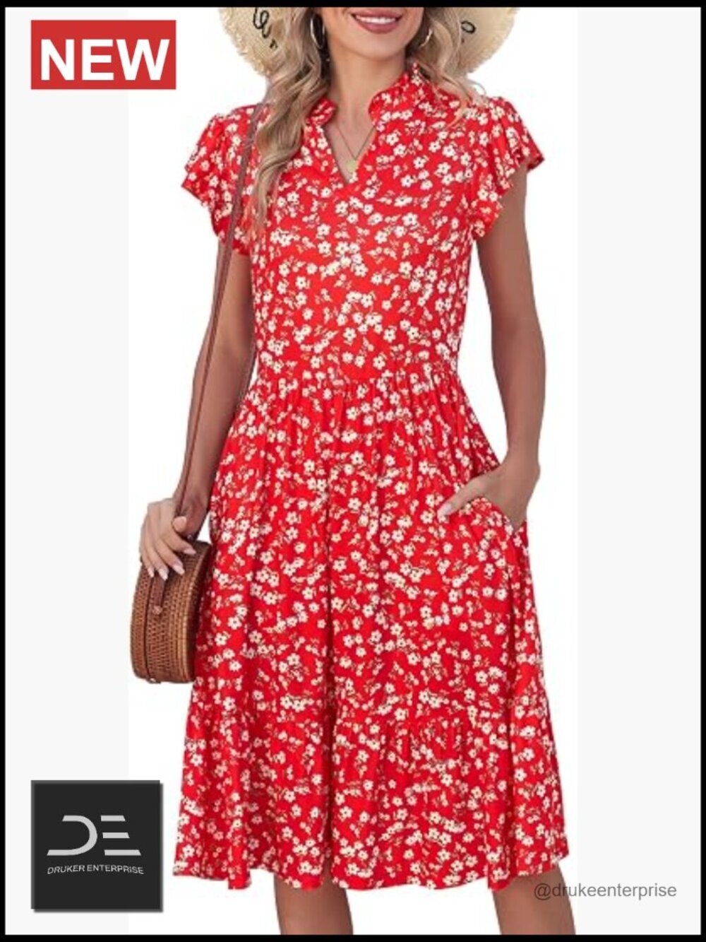 V Neck Flutter Sleeve Midi Dress Flowy Tiered Casual Sundress